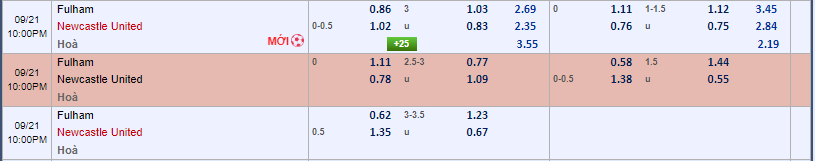 tỷ lệ kèo Fulham vs Newcastle
